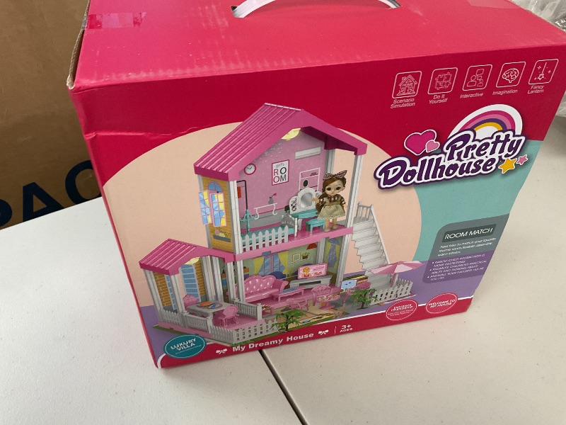 Photo 1 of HCFJEH Doll House with Light, Playmat and Doll Toy Figures, DIY Pretend Play Furniture and Accessories, Dollhouse Playhouse Toy for 3 4 5 6 7 8 9 10 Year Old Girl Birthday (3 Room)