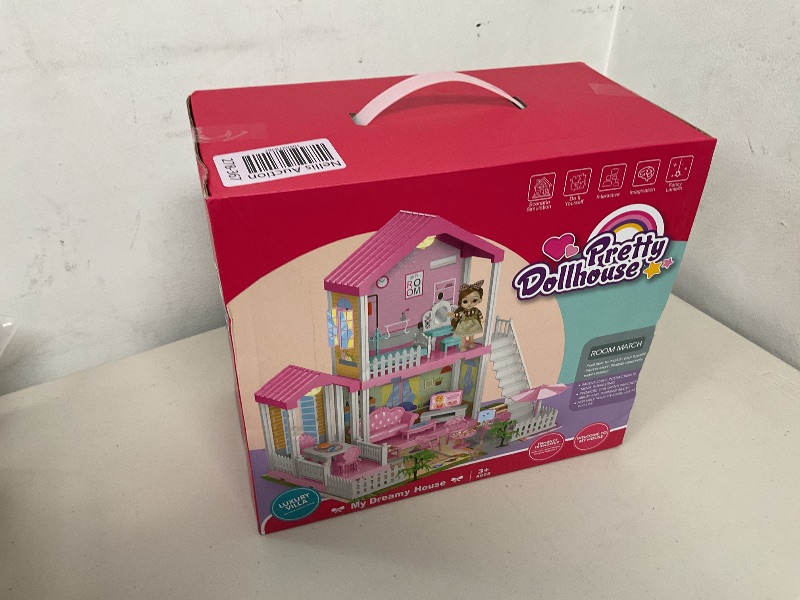 Photo 1 of HCFJEH Doll House with Light, Playmat and Doll Toy Figures, DIY Pretend Play Furniture and Accessories, Dollhouse Playhouse Toy for 3 4 5 6 7 8 9 10 Year Old Girl Birthday (3 Room)