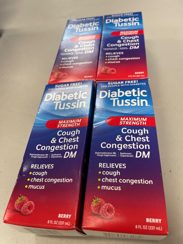 Photo 1 of Diabetic Tussin DM Maximum Strength Cough Medicine with Chest Congestion Relief - 8 Fl oz - Liquid Cough Syrup, Safe for Diabetics, Berry Flavored (Pack of 4)