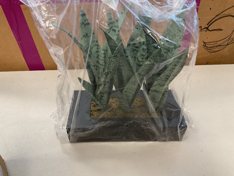 Photo 1 of MyGift 10 Inch Small Artificial Snake Plants Potted in Black Wood Rectangular Planter, Faux Dracaena Trifasciata Plant in Wooden Box Container Tabletop Centerpiece