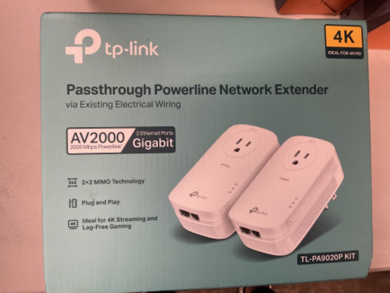 Photo 1 of TP-Link AV2000 Powerline Ethernet Adapter TL-PA9020P KIT - Powerline Network Adapter w/ Passthrough, Noise Filter, 2x2 MIMO, 2 Gigabit Ports, Ethernet Over Power, Plug Pair & Play, Power Saving Mode
