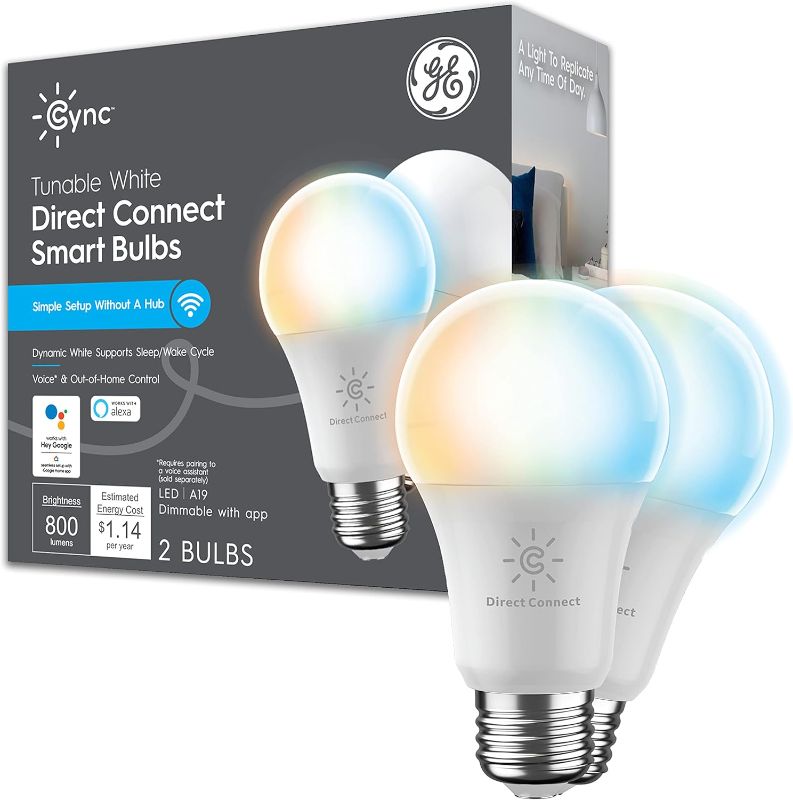 Photo 1 of GE Lighting CYNC Smart Tunable White A19 LED Light Bulb, 60W Replacement, Bluetooth/Wi-Fi Enabled, Alexa + Google Home Compatible Without Hub, 2-Pack (Packaging May Vary)