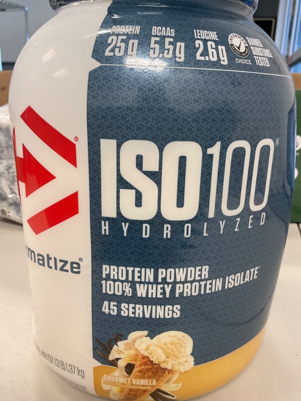 Photo 1 of Dymatize ISO100 Whey Protein Powder Isolate, Vanilla, 25g of Protein, 3 Pound, 5.5g BCAAs, Less Than 120 Cal., Gluten Free, 1g Fat, 1g Sugar, 2g Carb
