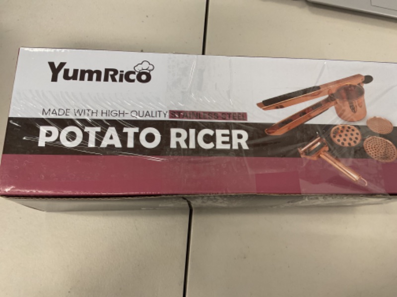 Photo 1 of YumRico Potato Ricer 15 oz - Large Rosegold Potato Masher Stainless Steel & Mashed Potatoes Tool - Copper Stainless Steel Potato Masher with 3 Interchangeable Disc - Masher Kitchen Gadgets
