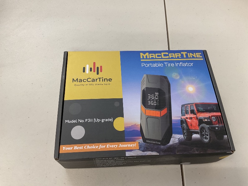 Photo 1 of Tire Inflator Portable Air Compressor, Portable Tire Inflator For Car, Air Pump For Car Tires with Air Pressure Detector, LED Working Lights, Hazard Lights, Charging Power Bank By MacCarTine