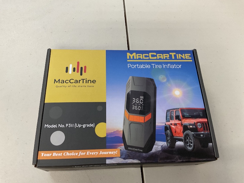 Photo 1 of Tire Inflator Portable Air Compressor, Portable Tire Inflator For Car, Air Pump For Car Tires with Air Pressure Detector, LED Working Lights, Hazard Lights, Charging Power Bank By MacCarTine