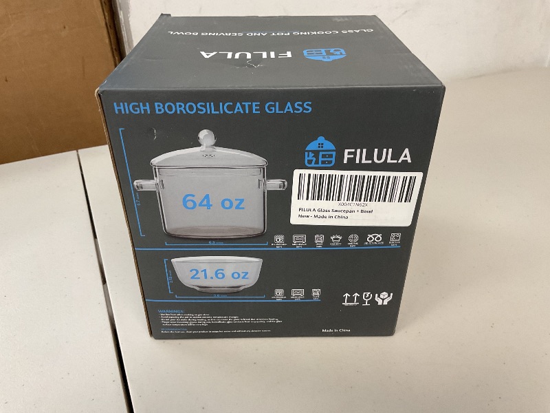Photo 1 of FILULA Glass Saucepan with Cover - 1.9L/64oz - Heat-Resistant Glass Pot for Stove Top, Clear Pots for Cooking Pasta Noodle, Soup, Milk, Baby Food - Glass Saucepan, Simmer Pot - Includes Bowl