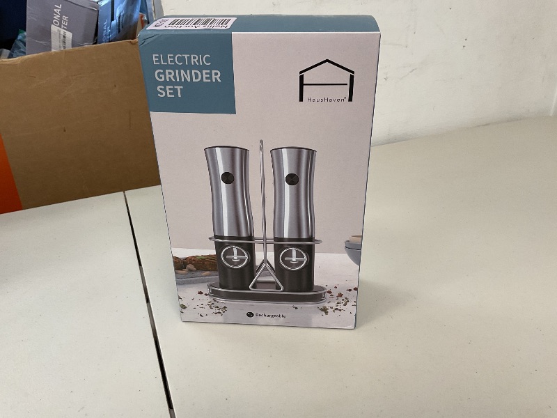 Photo 1 of HausHaven Electric Salt and Pepper Grinder Set Rechageable with Stand - Best Kitchen Gadgets, Spice Mill Grinders, Automatic Recharging Base, One-Hand Operation, Refillable, Great Housewarming Gift