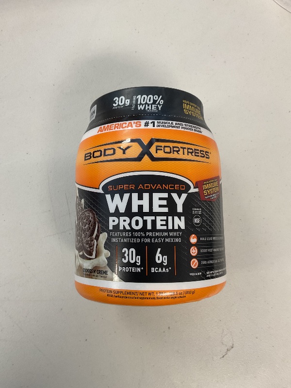 Photo 1 of Body Fortress Super Advanced Whey Protein Powder, Cookies N’ Creme, 60g Protein & 12g BCAAs Per 2 Scoops, Muscle Gain & Recovery, Immune Support with Vitamins C & D, 1.78lbs (Packaging May Vary)