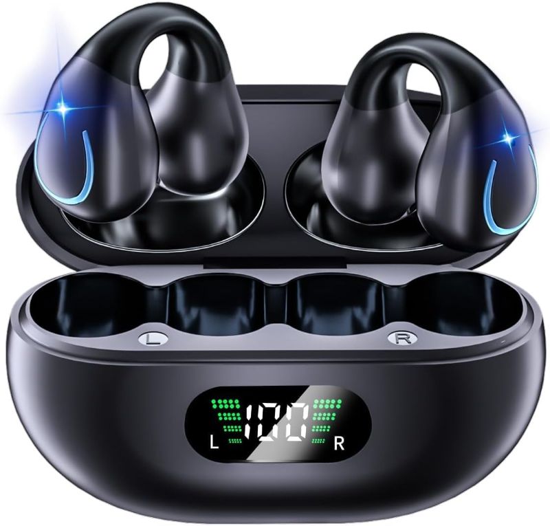 Photo 1 of Open Ear Clip On Earbuds Wireless Bluetooth 5.3 Bone Conduction Headphones with LED Digital Display Charging Case Sport Earphones Built-in Mic IPX7 Waterproof for Running Walking, Workout Fitness
