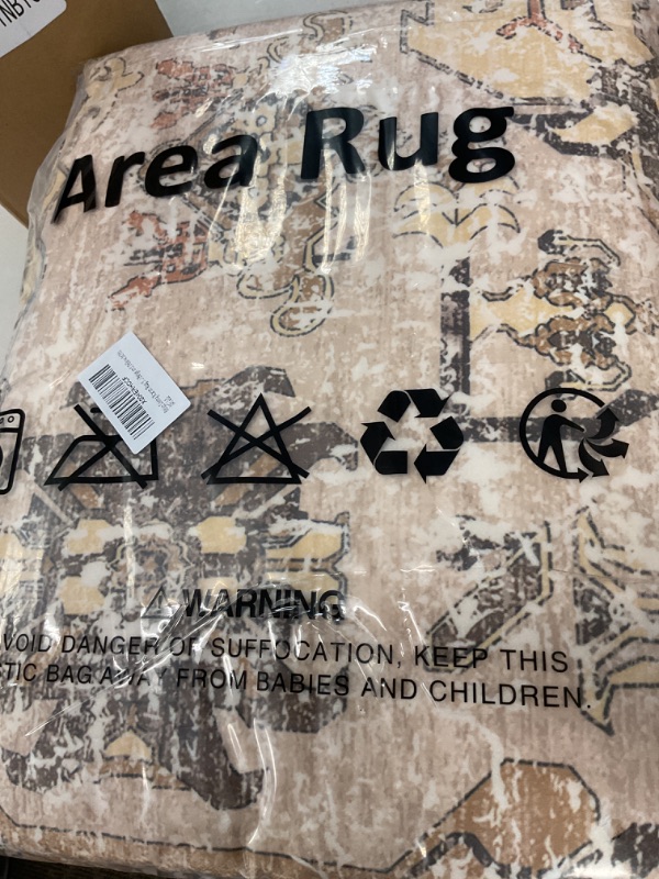 Photo 1 of 5x7 ft Washable Area Rug - Soft Boho Beige & Yellow Non-Slip Runner for Indoor/Outdoor, Patio, Kitchen, Bedroom, Living Room, Kids Room, Entryway