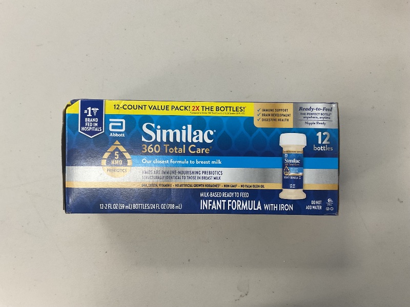 Photo 1 of Similac 360 Total Care Infant Formula, Has 5 HMO Prebiotics, Our Closest Prebiotic Blend to Breast Milk, Non-GMO,‡ Baby Formula, Ready to Feed, 2-fl-oz Bottle, Pack of 12