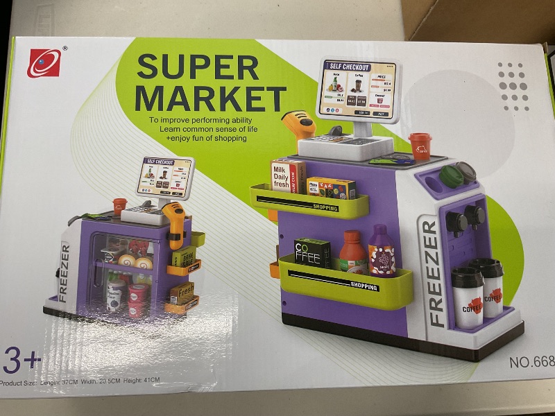 Photo 1 of deAO Cash Register Toy Coffee Shop- 3-in-1 Interactive Pretend Play Set with Water Dispenser & Real Calculator, Learning Toy for Kids Ages 3-8, Role Play Store with Play Money & Food (Purple)