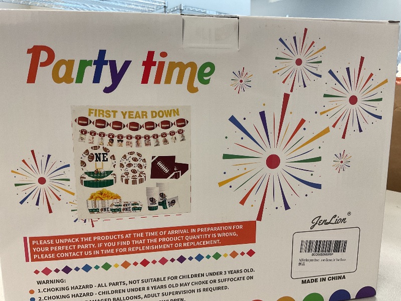 Photo 1 of 142Pcs first year down birthday party decorations, Football 1st Birthday Party Decorations Tableware Set with Plates Napkins Cups Serving Tray and First Year Down Banner,1st Year Down
