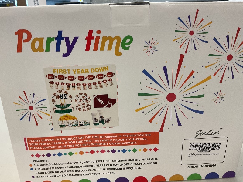 Photo 1 of 142Pcs first year down birthday party decorations, Football 1st Birthday Party Decorations Tableware Set with Plates Napkins Cups Serving Tray and First Year Down Banner,1st Year Down
