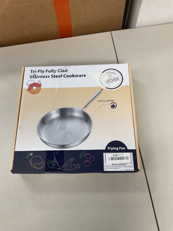 Photo 1 of DELARLO Tri-Ply Stainless Steel Frying Pan, All Cooktops Compatible Up to 650?, Oven Safe Induction Skillet, 12.5 inch Non toxic Cooking Surface, Fast & Even Heat, Durable Cookware