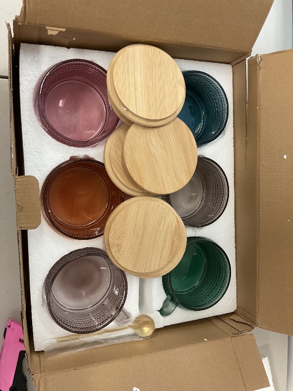 Photo 1 of Khen Fall Colors Glass Coffee Mugs Set With Handles, Spoons & Lid | Set of 6 | 15oz Hobnail Embossed With Bamboo Lids & Gold Spoons, Glassware Mug Bubble Glasses - Cute Cups Coffee, Tea Oats Colored