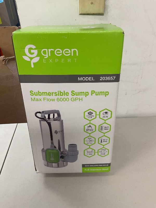 Photo 1 of Green Expert 1.5HP Submersible Sump Pump 6000GPH High Flow Full 304 Stainless Steel with tethered Float Switch for Automatically Water Draining in Flooded Basement Pit Sewage Sink Pool Hot Tub