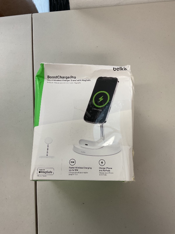 Photo 1 of Belkin MagSafe 2-in-1 Wireless Charging Stand for iPhone 16, 15, 14, 13 & AirPods - MagSafe Fast Charging Station - White