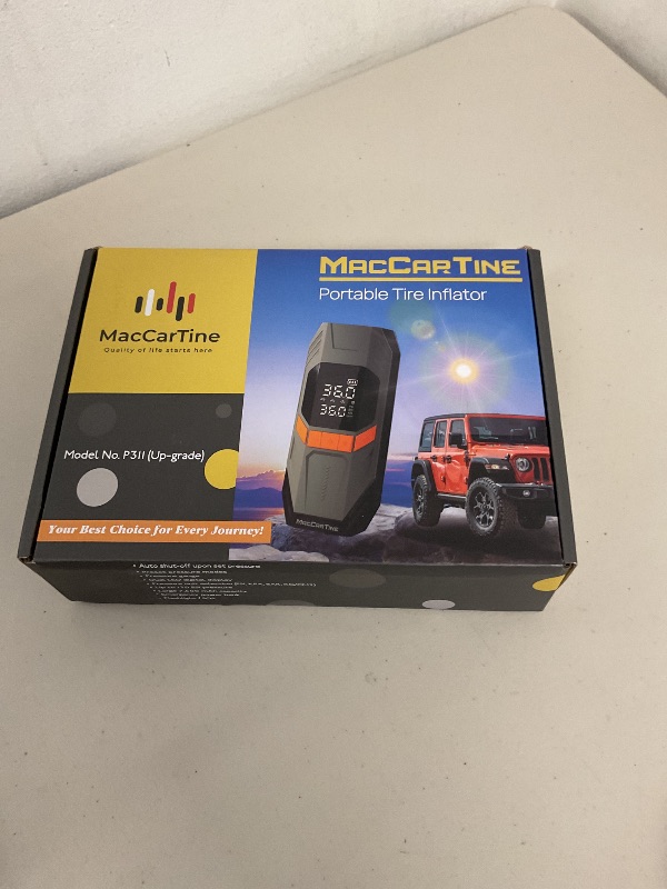 Photo 1 of Tire Inflator Portable Air Compressor, Portable Tire Inflator For Car, Air Pump For Car Tires with Air Pressure Detector, LED Working Lights, Hazard Lights, Charging Power Bank By MacCarTine