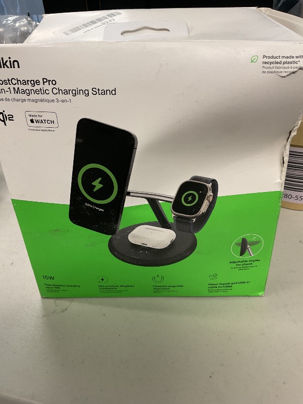 Photo 1 of Belkin MagSafe-Compatible 3-in-1 Wireless Charger Stand 15W - Qi2-Certified Wireless Charging Station, Fast Charging of iPhone 16, AirPods, & Apple Watch - 36W Included - Black