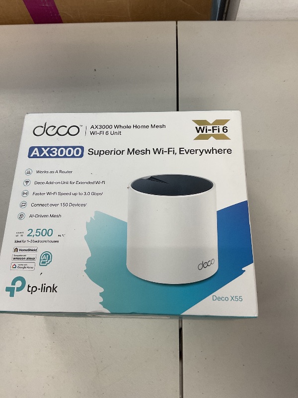 Photo 1 of TP-Link Deco AX3000 WiFi 6 Mesh System Deco X55- Covers up to 2500 Sq.Ft., Replaces Wireless Router and Extender, 3 Gigabit Ports, Supports Ethernet Backhaul(1-Pack)
