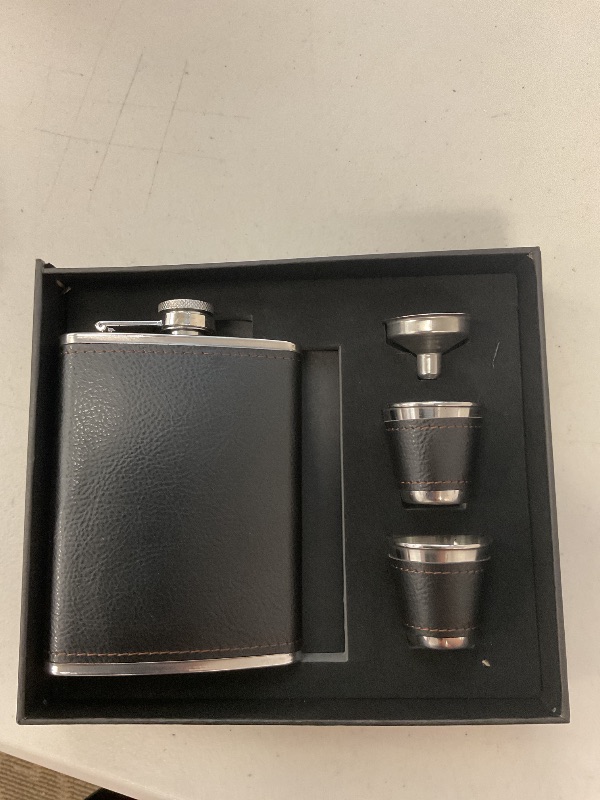 Photo 1 of Hip Flask Gift Set, Hip Flasks for Liquor for Men with Black Leather Cover, 8 Oz Hip Flask Set, 18/8 Stainless Steel Hip Flasks for Liquor with 2 Cups & Funnel, Flasks for Liquor for Men Gift Box1