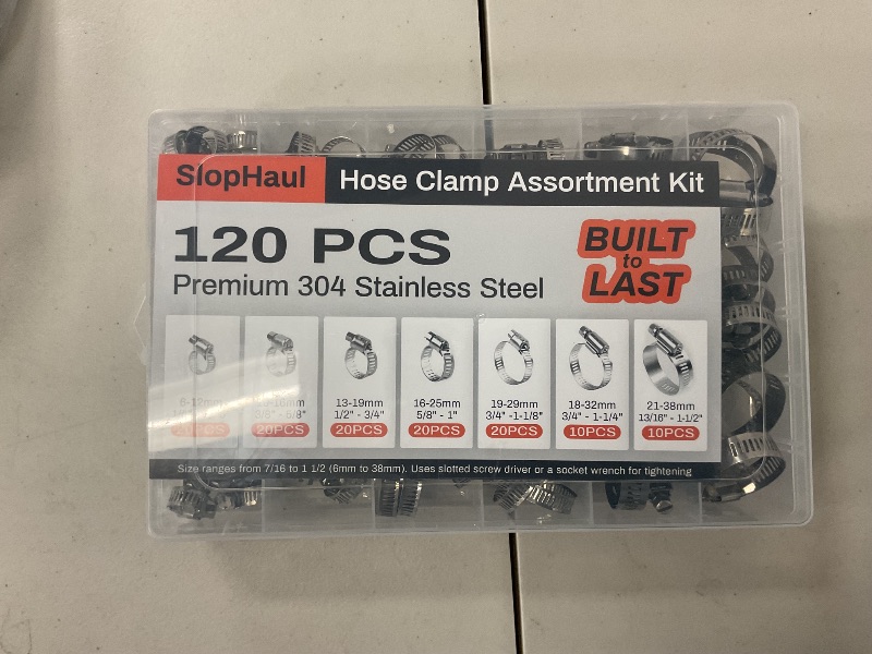 Photo 1 of SlopHaul 120-Piece All-Inclusive Hose Clamp Assortment Kit, Adjustable 1/4''- 1-1/2'' (6-38mm) Durable Stainless Steel Worm Gear Clamps for Secure Tube and Hose Connections