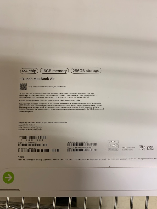 Photo 1 of Apple 2025 MacBook Air 13-inch Laptop with M4 chip: Built for Apple Intelligence, 13.6" Liquid Retina Display, 16GB Unified Memory, 256GB SSD Storage, 12MP Center Stage Camera, Touch ID, Silver