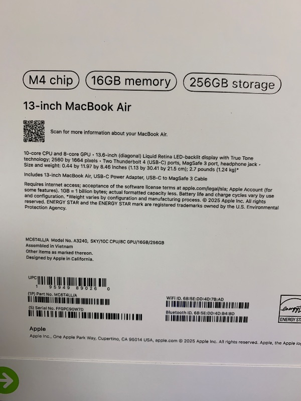 Photo 1 of Apple 2025 MacBook Air 13-inch Laptop with M4 chip: Built for Apple Intelligence, 13.6" Liquid Retina Display, 16GB Unified Memory, 256GB SSD Storage, 12MP Center Stage Camera, Touch ID, Sky Blue