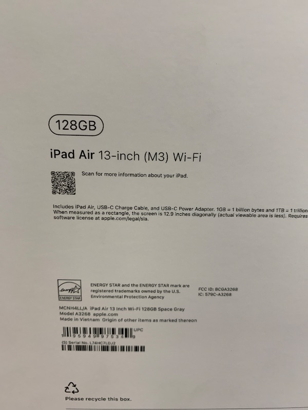 Photo 1 of Apple iPad Air 13-inch with M3 chip Built for Apple Intelligence, Liquid Retina Display, 128GB, 12MP Front/Back Camera, Wi-Fi 6E, Touch ID, All-Day Battery Life — Space Gray
