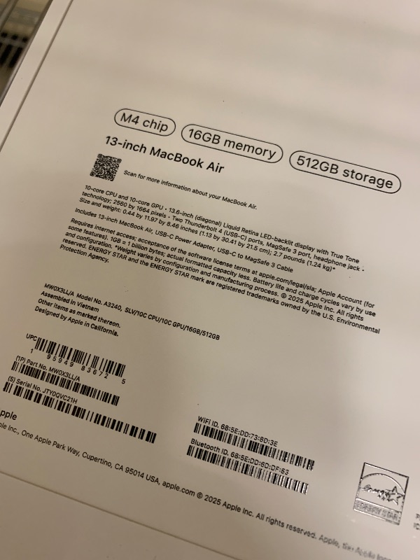 Photo 1 of Apple 2025 MacBook Air 13-inch Laptop with M4 chip: Built for Apple Intelligence, 13.6" Liquid Retina Display, 16GB Unified Memory, 512GB SSD Storage, 12MP Center Stage Camera, Touch ID, Silver