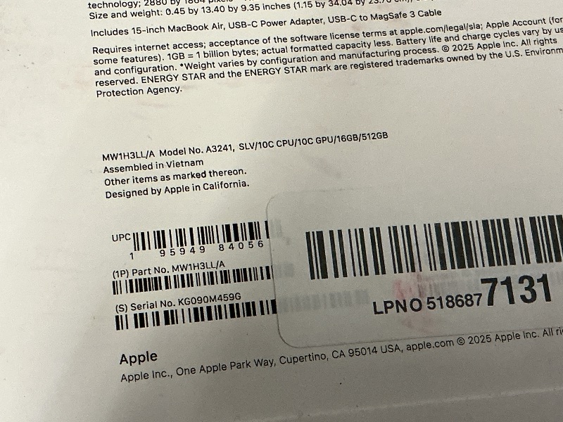 Photo 1 of Apple 2025 MacBook Air 15-inch Laptop with M4 chip: Built for Apple Intelligence, 15.3-inch Liquid Retina Display, 16GB Unified Memory, 512GB SSD Storage, 12MP Center Stage Camera, Touch ID; Silver