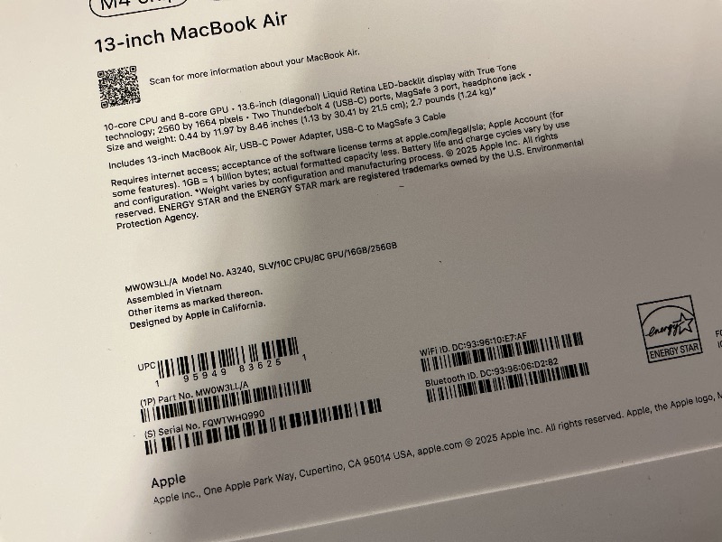 Photo 1 of Apple 2025 MacBook Air 13-inch Laptop with M4 chip: Built for Apple Intelligence, 13.6-inch Liquid Retina Display, 16GB Unified Memory, 256GB SSD Storage, 12MP Center Stage Camera, Touch ID; Silver