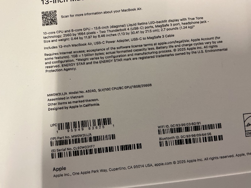 Photo 1 of Apple 2025 MacBook Air 13-inch Laptop with M4 chip: Built for Apple Intelligence, 13.6-inch Liquid Retina Display, 16GB Unified Memory, 256GB SSD Storage, 12MP Center Stage Camera, Touch ID; Silver