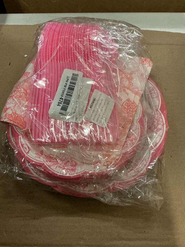 Photo 1 of 175Pcs Pink Floral Paper Plates and Napkins 25 Guests Pink White Toile Chinoiserie Party Supplies Set Include Plates Napkins Cups Spoons Forks Knives for Christmas Birthday Wedding Mother's Day