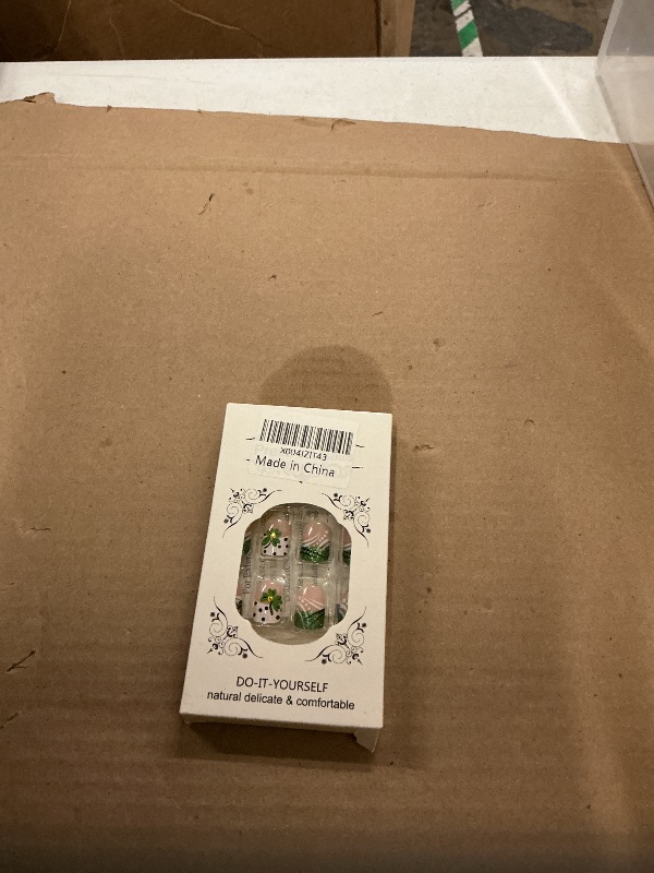 Photo 1 of 24 Pcs St. Patricks Day Press on Nails Glitter French Tip Fake Nails Extra Short Square False Nails with Green Shamrock Black White Dots Designs Full Cover Sparkly Acrylic Nails for Women DIY Nail Art