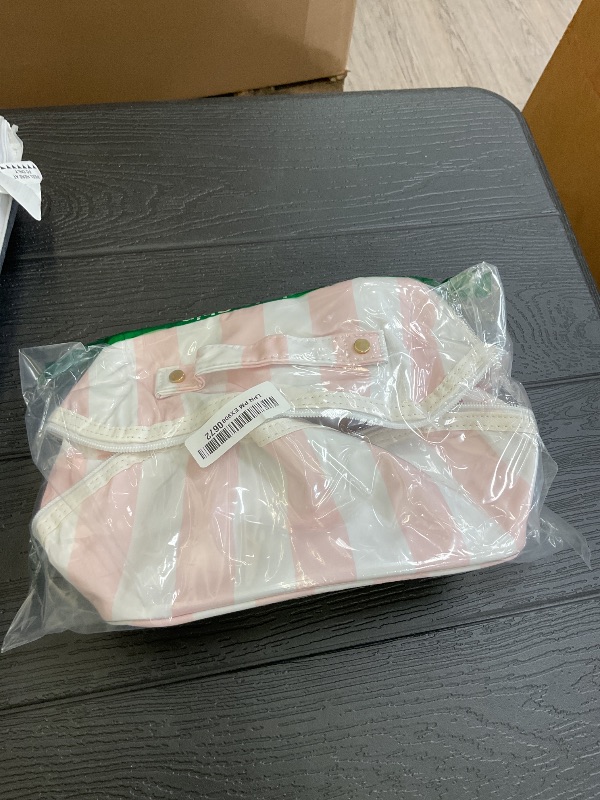 Photo 1 of DYSHAYEN Stripe Travel Makeup Bag with Compartments Clear Coated Cosmetic Bag for Women, Waterproof Portable Open Flat Toiletry bag ?White-Pink?