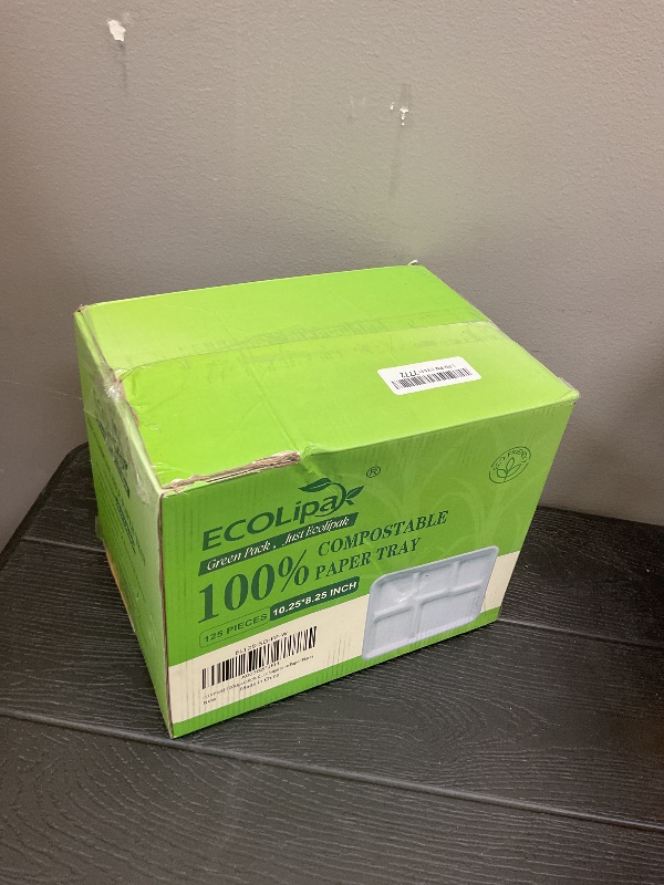 Photo 1 of ECOLipak 100% Compostable 5 Compartment Plates, 125 Pack Disposable Paper Plates, Heavy-Duty Biodegradable Sugarcane Plates, Eco-Friendly School Lunch Trays