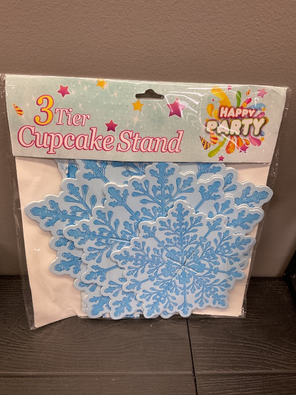 Photo 1 of 2 Pack Cupcake Stands Frozen Birthday Party Decorations: 3-Tier Snowflake Winter Wonderland Theme Cupcake Holders for Girls Kids Princess Party Favors, Blue Castle Toppers Cup Cake Tower Stand