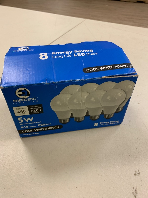 Photo 1 of E ENERGETIC LIGHTING 40W Equivalent, A19 LED Light Bulb, 4000K Cool White, E26 Standard Base, Non-Dimmable, 5W 450lm, ETL/UL Listed, 8 Packs