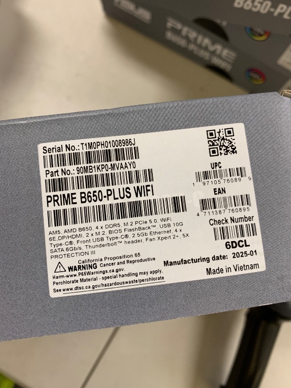 Photo 1 of ASUS Prime B650-PLUS WiFi AMD B650 AM5 Ryzen™ Desktop 9000 8000 & 7000 ATX Motherboard, DDR5, PCIe 5.0 M.2, 2.5Gb LAN, WiFi 6E, HDMI™, SATA 6 Gbps, USB Type-C®, BIOS Flashback™, Thunderbolt™ 4 Header