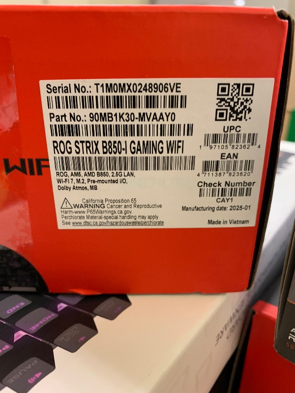 Photo 1 of ASUS ROG Strix B850-I Gaming WiFi AMD AM5 B850 Mini-ITX mITX Motherboard 10+2+1 Stages, DDR5, 2.5G LAN, WiFi 7, 2X M.2, PCIe® 5.0 x16, USB 20Gbps Type-C®, AI Overclocking, AI Networking II, Aura Sync