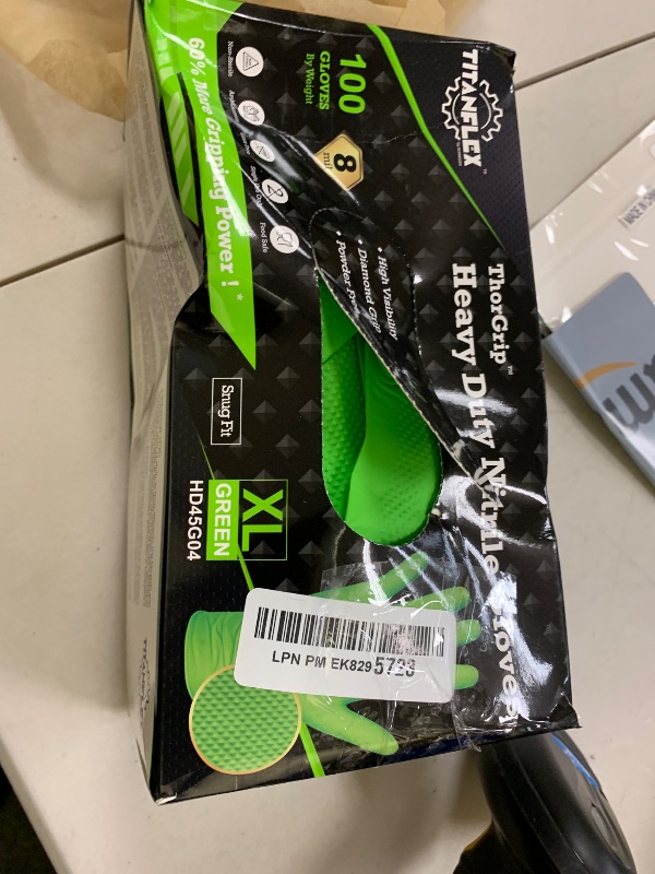 Photo 1 of TitanFlex Heavy Duty Green Industrial Nitrile Gloves, 8-mil, XL, Box of 100, Latex Free, Raised Diamond Texture Grip, Powder Free, Food Safe, Rubber Gloves, Mechanic Gloves