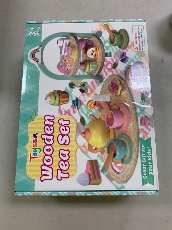 Photo 1 of Lonico Wooden Tea Party Set for Little Girls Toddler Tea Set with Cupcake Stand & Food Dessert, Play Kitchen Accessories for Toddlers 2 3 4 5 6 Years Old, Wooden Toys Birthday Kids Girls Gifts 3-6