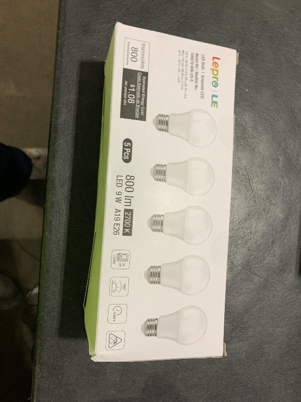 Photo 1 of LE LED Light Bulbs 60 Watt Equivalent, 9W 800 Lumens Non-Dimmable, Soft Warm White 2700K, A19 E26 Standard Medium Base, 10000 Hour Lifetime 5 Count (Pack of 1)