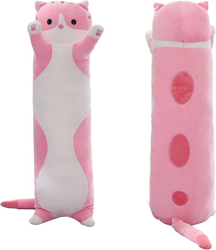 Photo 1 of Cute Cat Plush Long Body Pillow – Soft Cartoon Stuffed Animal Doll, Kawaii Cat Plushie Cuddle Toy Gift for Kids, Girls & Girlfriend (Pink, 43.3 Inch)