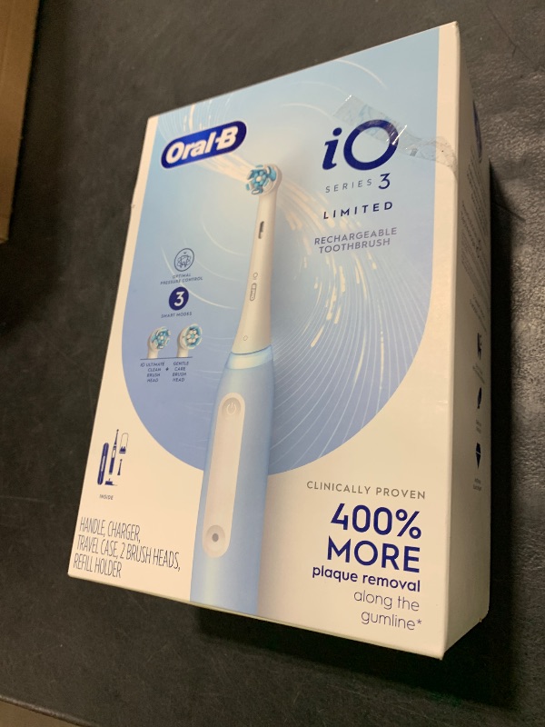Photo 1 of Oral-B iO Deep Clean Rechargeable Electric Powered Toothbrush, Icy Blue with iO Series 3 Limited, 2 Brush Heads and Travel Case - Pressure Sensor to Protect Gums - 3 Cleaning Settings - 2 Minute Timer