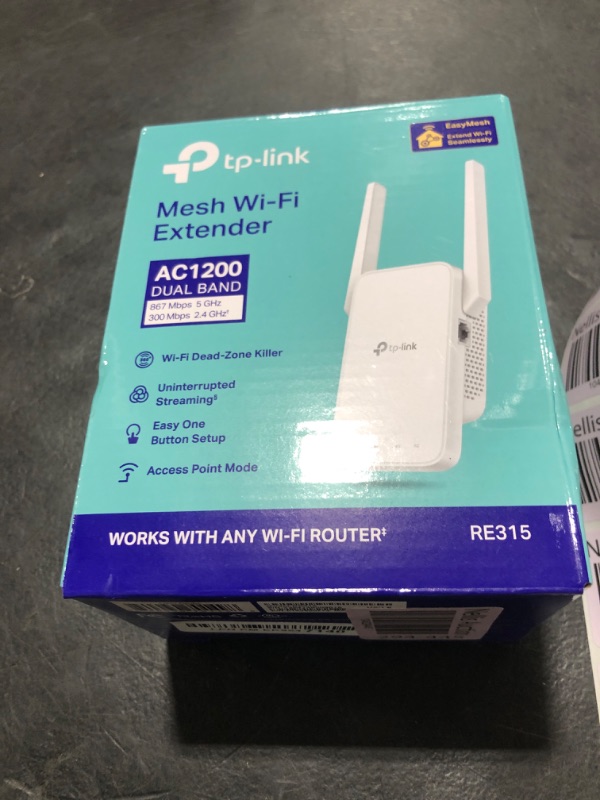 Photo 1 of TP-Link AC1200 WiFi Extender, 2025 Wirecutter Best WiFi Extender, 1.2Gbps Home Signal Booster, Dual Band 5GHz/2.4GHz, Up to 1600 Sq.ft and 32 Devices, EasyMesh Compatible, One Ethernet Port (RE315)