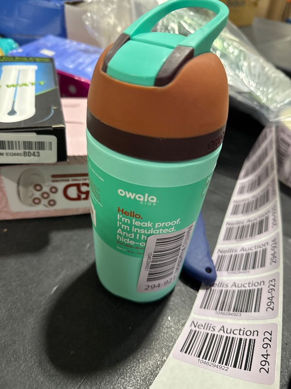 Photo 1 of Owala Kids Flip Insulated Stainless-Steel Water Bottle with Straw and Locking Lid, 14-Ounce, Brown/Teal (Mint Chocolate Chip)

